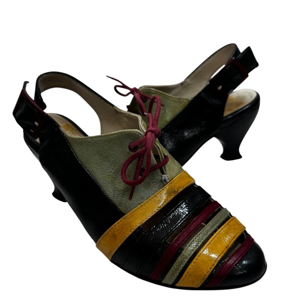 John Fluevog Brooke 6.5 Multicolor Cutout Slingback Heels Retro Mod Art Deco - Picture 3 of 14